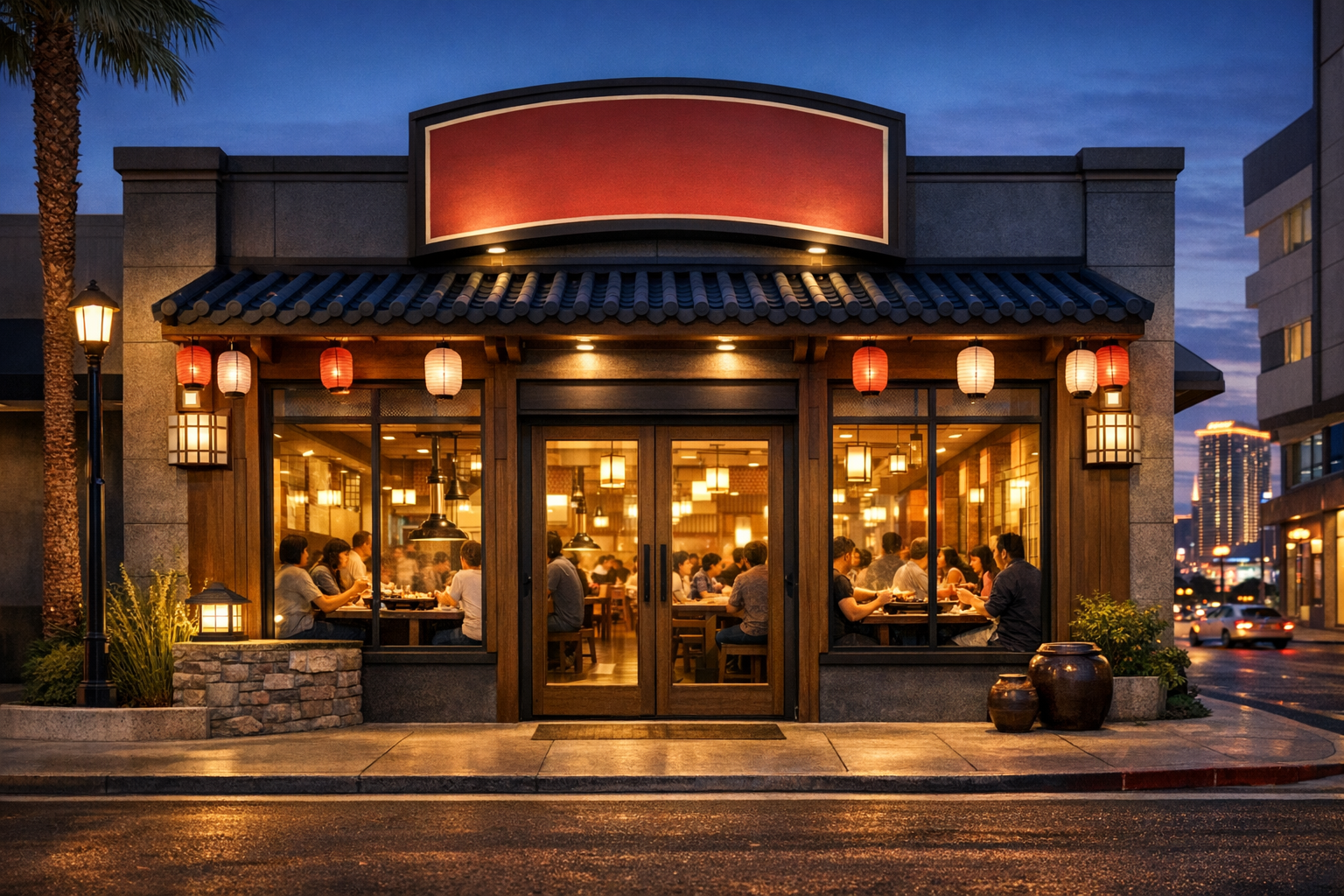 Restaurant dining space with Korean food